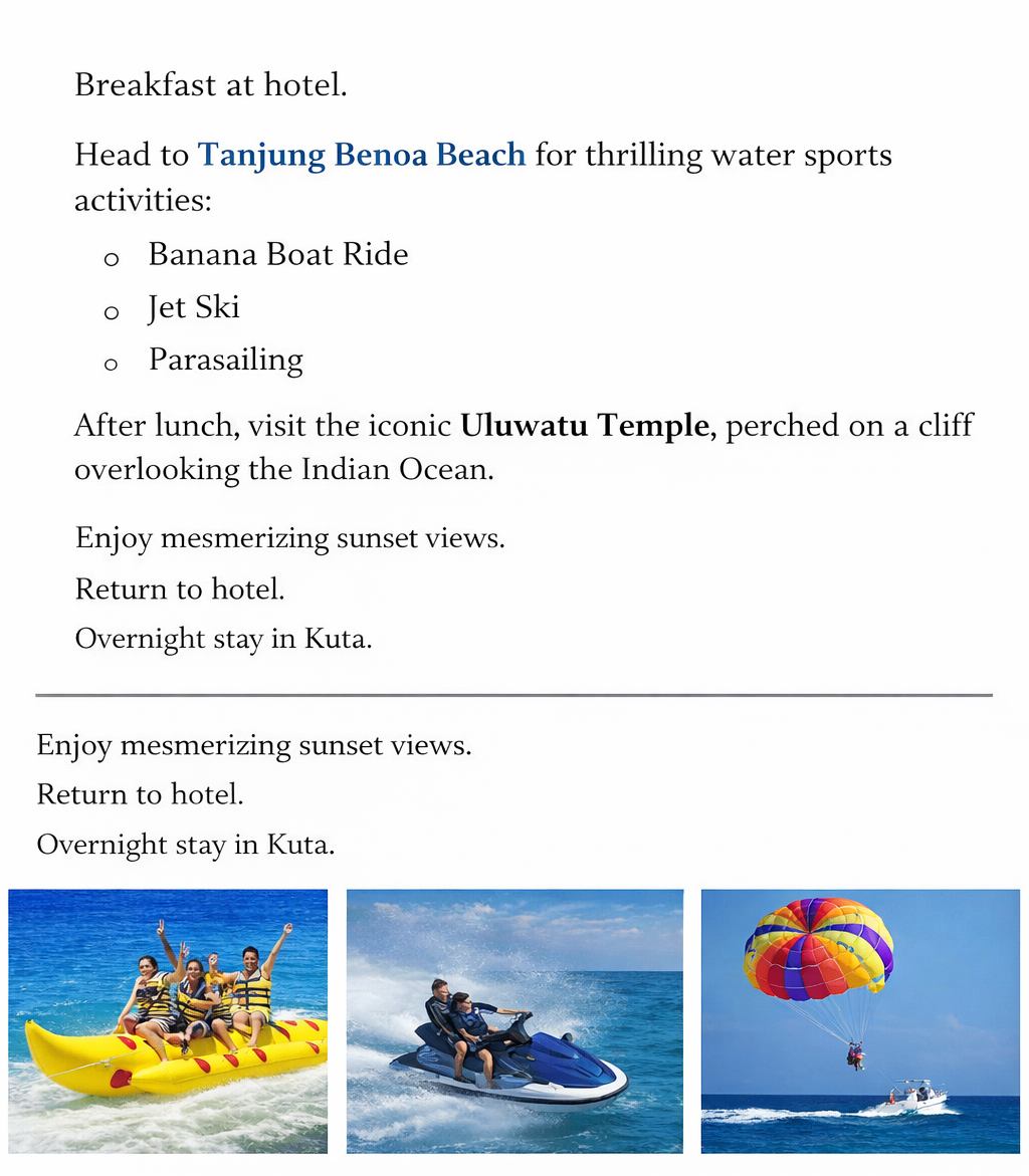 Day 2: Full-Day Water Sports & Uluwatu Temple Tour
